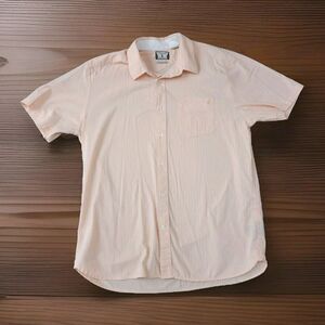 Volcom‎ Shirt Button Up Mens Large Peach White Pinstripe Short Sleeve